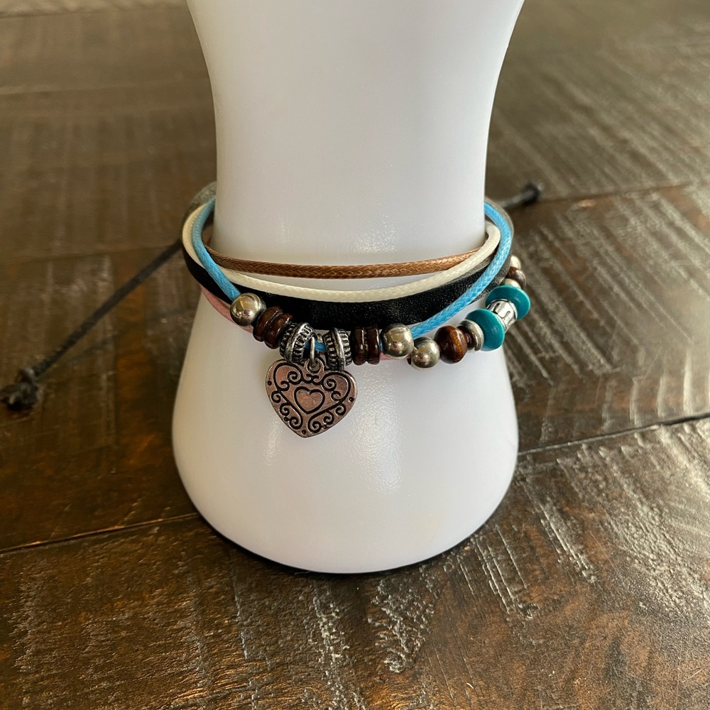Multi-Strand Turquoise and Brown Heart Charm Bracelet